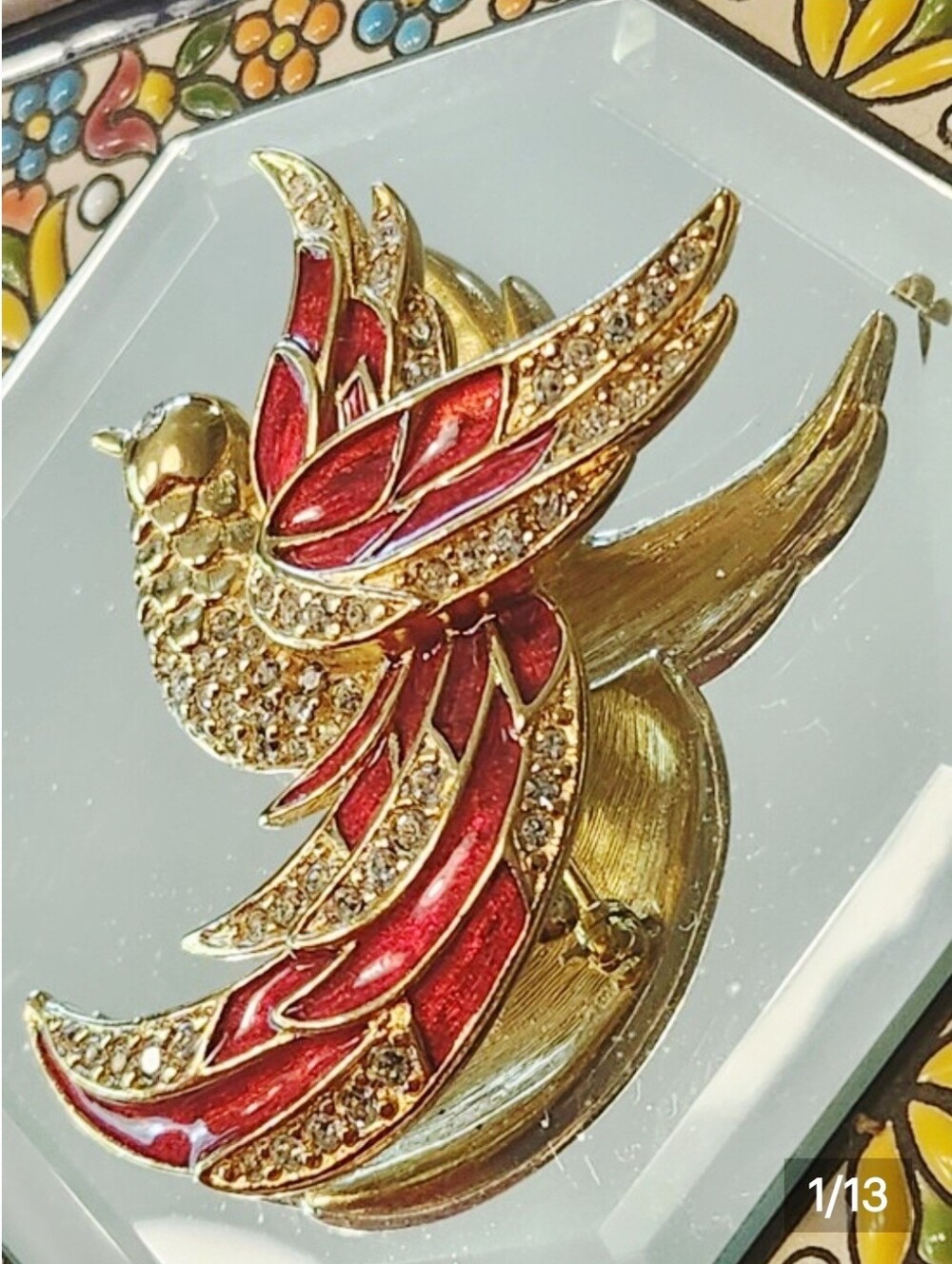 GIORGIO Bird of Paradise Brooch Rhinestone Gold Tone Red Vintage Signed Enamel